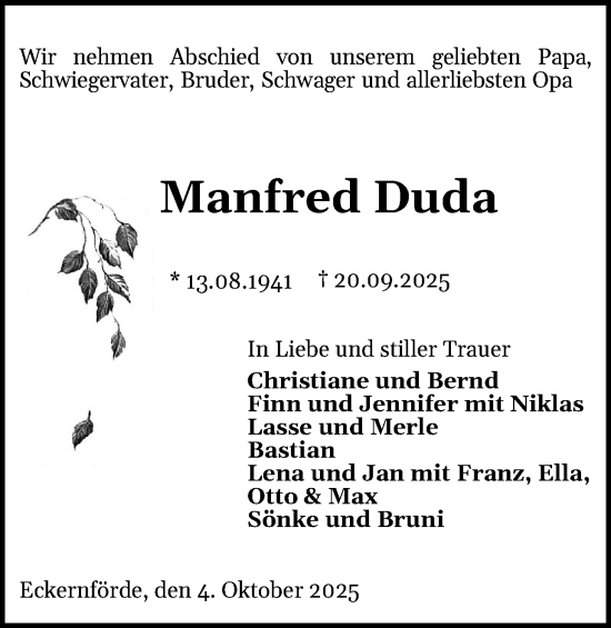 Traueranzeige von Manfred Duda von Eckernförder Zeitung, Hallo Eckernförde