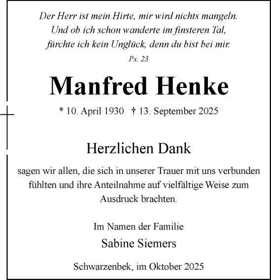 Traueranzeige von Manfred Henke von Wochenend Anzeiger