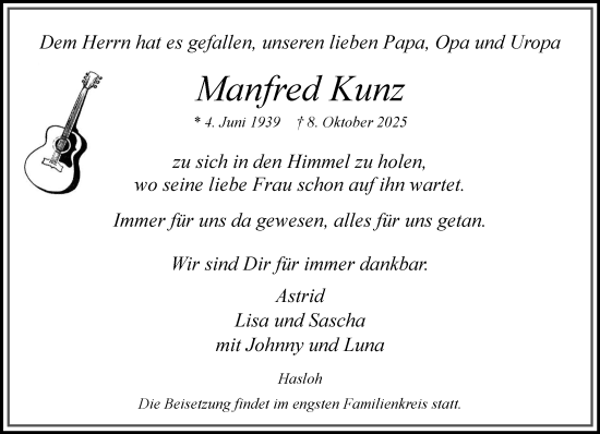 Traueranzeige von Manfred Kunz von Umschau