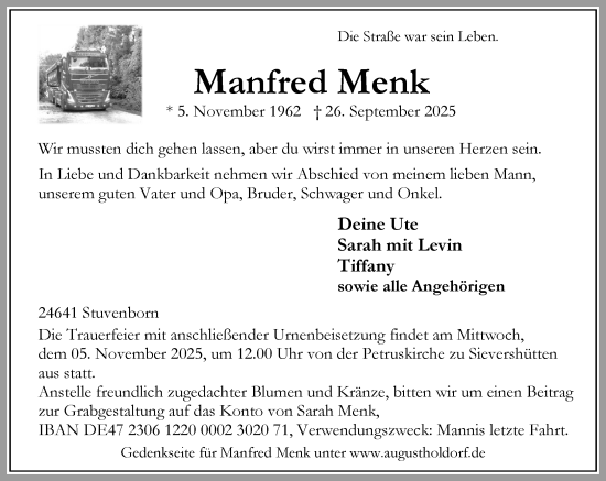 Traueranzeige von Manfred Menk von Umschau