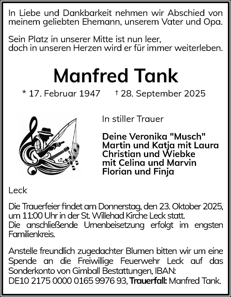  Traueranzeige für Manfred Tank vom 10.10.2025 aus Husumer Nachrichten, Nordfriesland Tageblatt