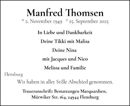 Traueranzeige von Manfred Thomsen von Flensburger Tageblatt