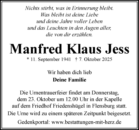 Traueranzeige von Manfred Klaus Jess von Flensburger Tageblatt