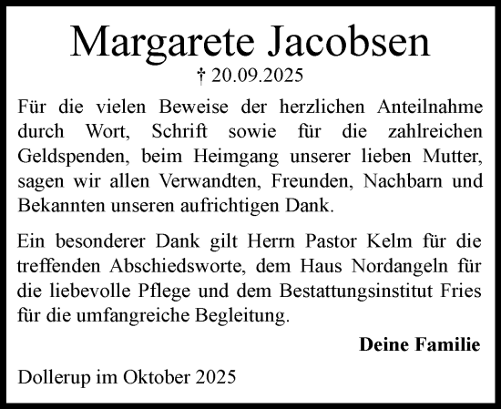 Traueranzeige von Margarete Jacobsen von Flensburger Tageblatt