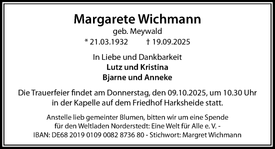 Traueranzeige von Margarete Wichmann von Heimatspiegel