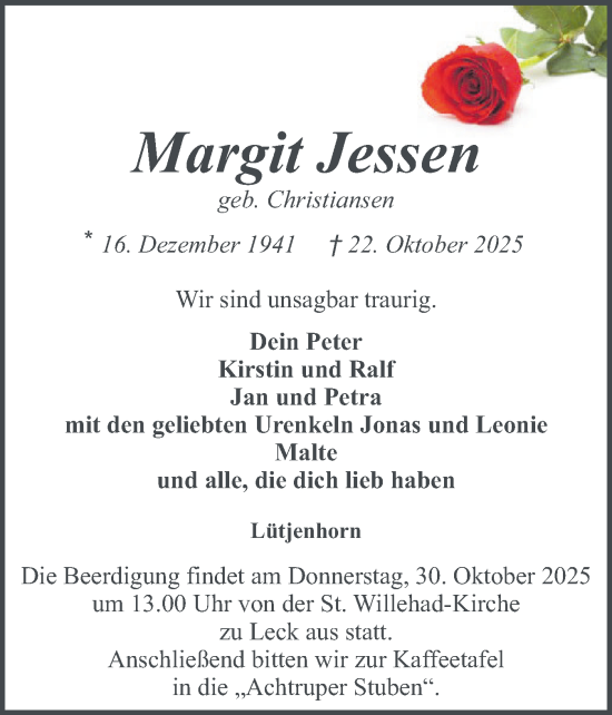 Traueranzeige von Margit Jessen von Region Flensburg
