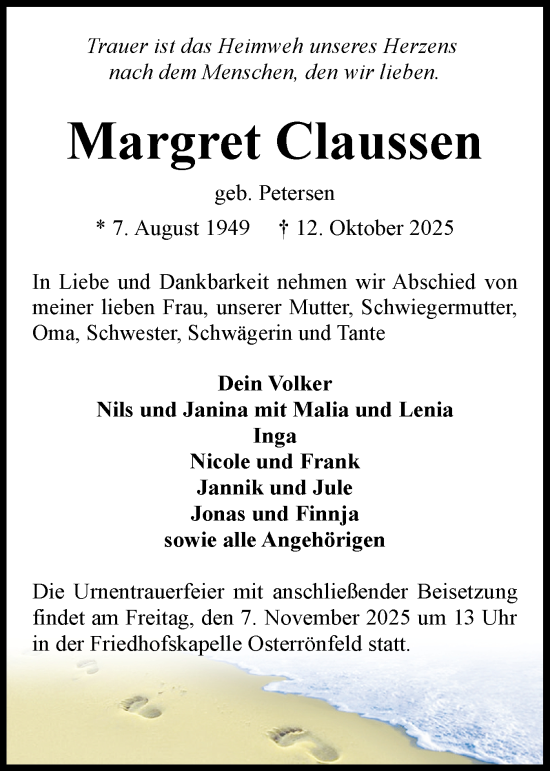 Traueranzeige von Margret Claussen von Schleswig-Holsteinische Landeszeitung