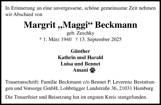 Traueranzeige von Margrit Beckmann von Wochenend Anzeiger