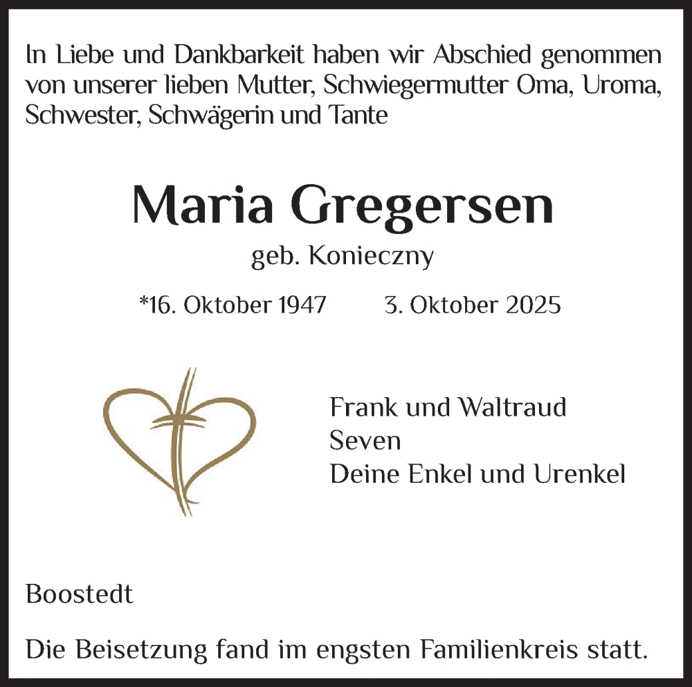  Traueranzeige für Maria Gregersen vom 25.10.2025 aus Holsteinischer Courier