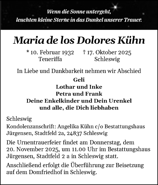 Traueranzeige von Maria de los Dolores Kühn von Schleswiger Nachrichten, Schlei-Bote