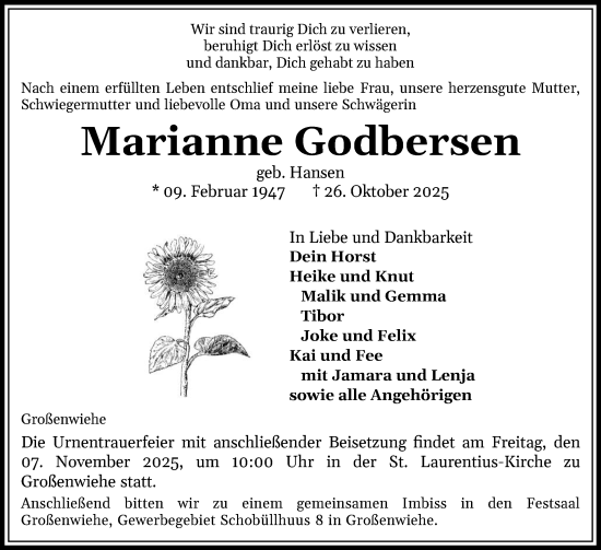 Traueranzeige von Marianne Godbersen von Region Flensburg