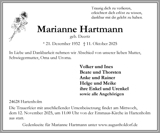 Traueranzeige von Marianne Hartmann von Umschau