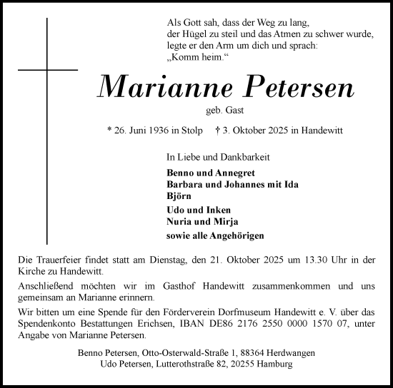 Traueranzeige von Marianne Petersen von Flensburger Tageblatt