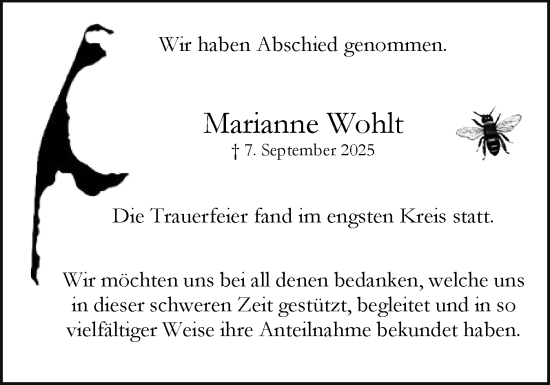 Traueranzeige von Marianne Wohlt von Uetersener Nachrichten, Der tip am Wochenende