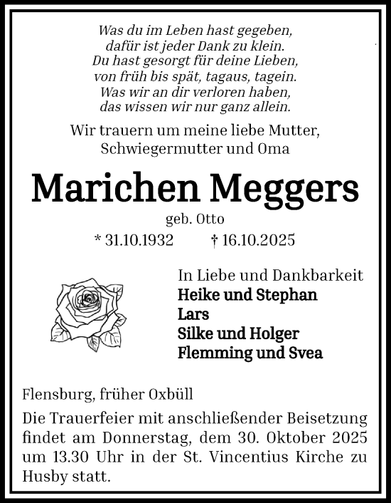 Traueranzeige von Marichen Meggers von Flensburger Tageblatt