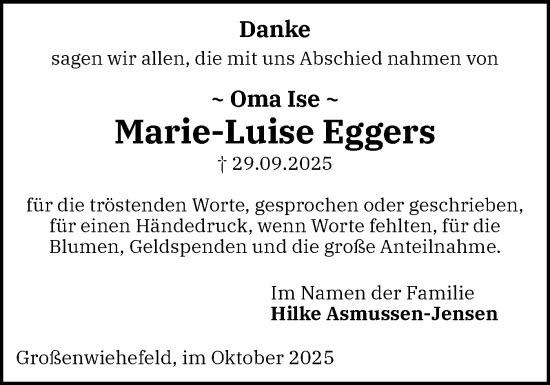 Traueranzeige von Marie-Luise Eggers von Flensburger Tageblatt