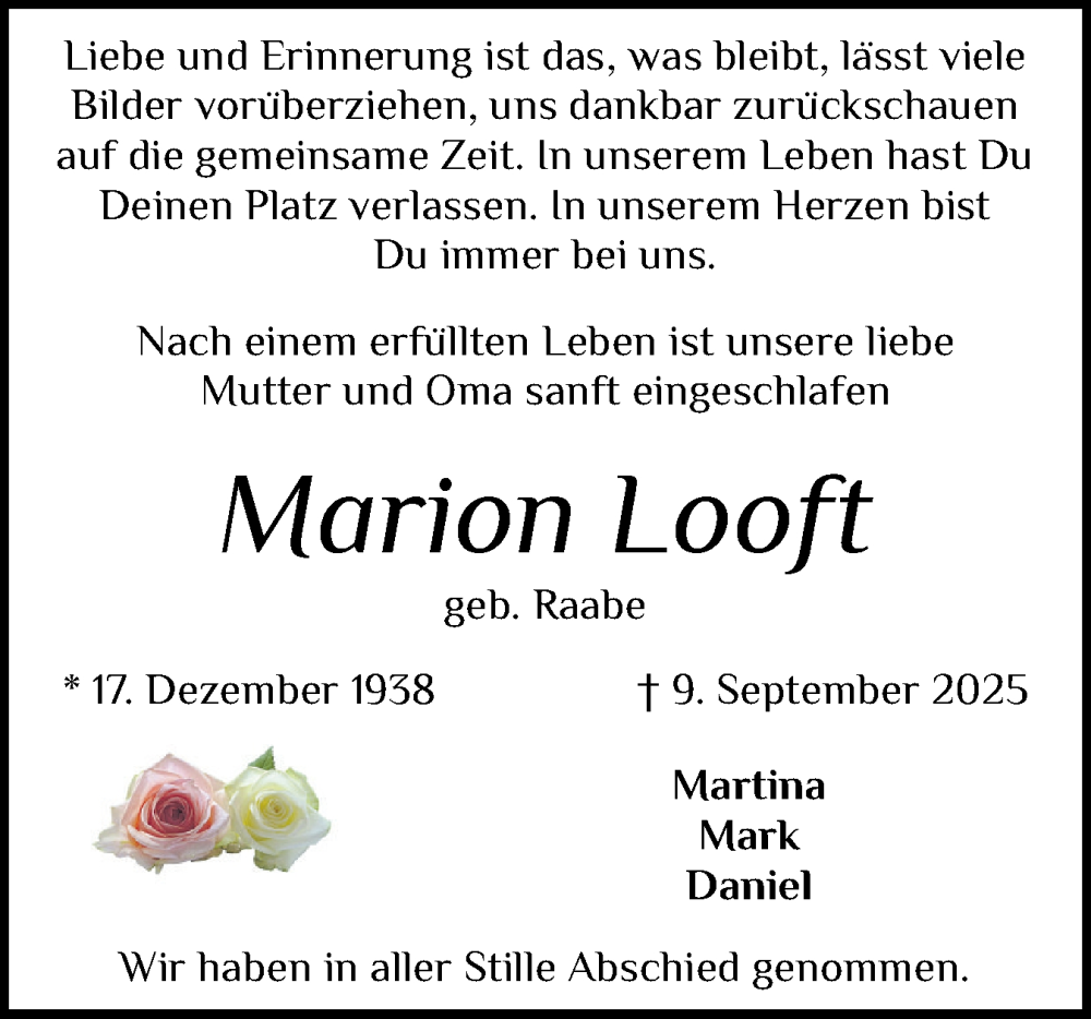  Traueranzeige für Marion Looft vom 04.10.2025 aus Schleswig-Holsteinische Landeszeitung