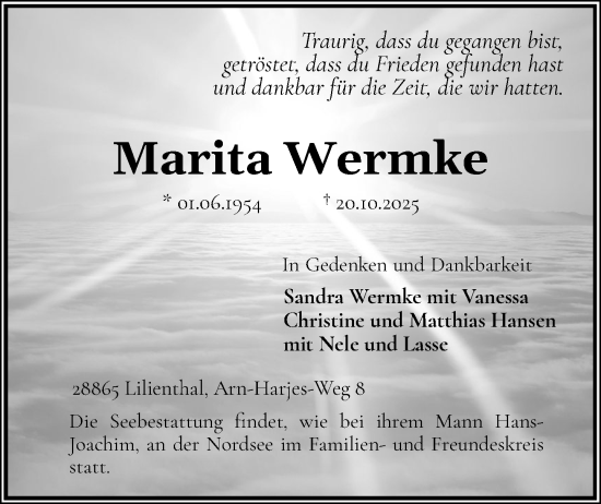 Traueranzeige von Marita Wermke von Stormarner Tageblatt