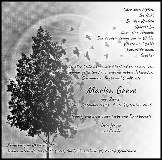 Traueranzeige von Marlen Greve von Schleswig-Holsteinische Landeszeitung