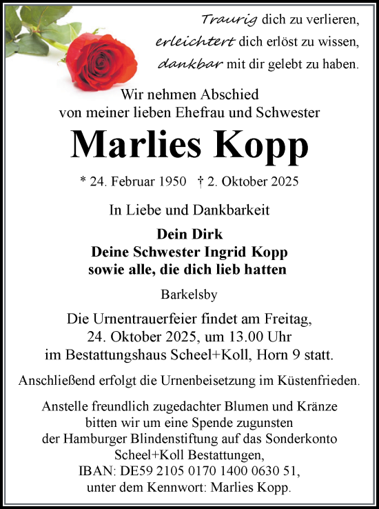 Traueranzeige von Marlies Kopp von Eckernförder Zeitung, Hallo Eckernförde