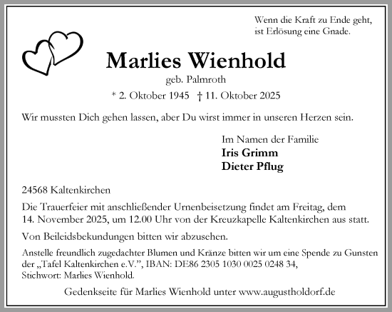 Traueranzeige von Marlies Wienhold von Umschau