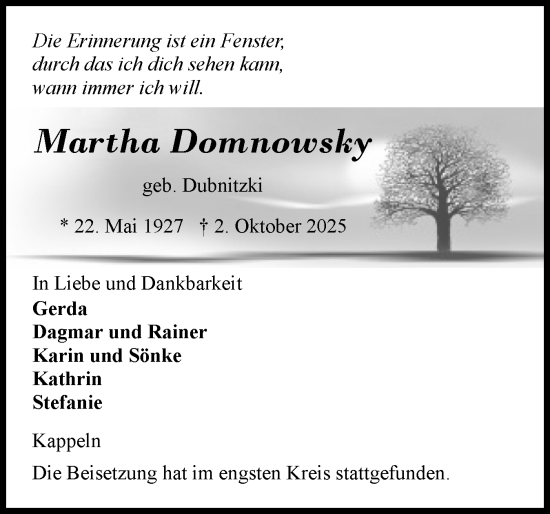 Traueranzeige von Martha Domnowsky von Schleswiger Nachrichten, Schlei-Bote