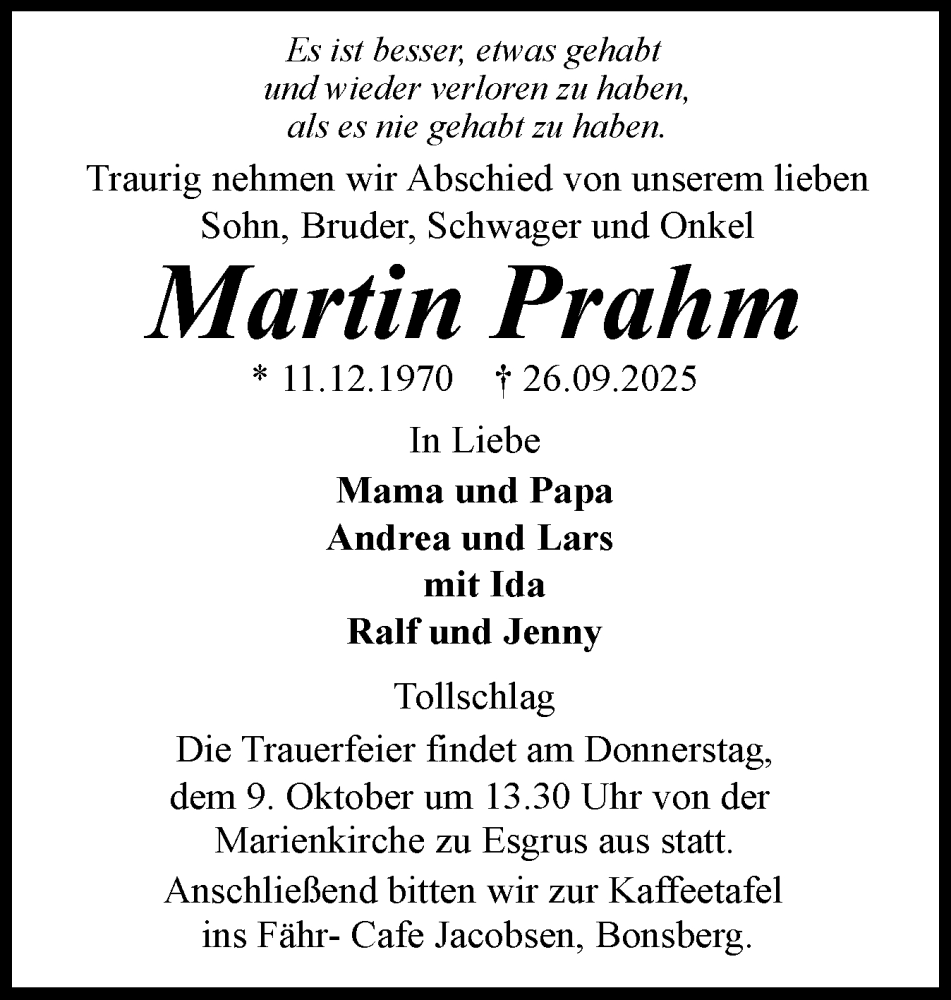  Traueranzeige für Martin Prahm vom 04.10.2025 aus Flensburger Tageblatt