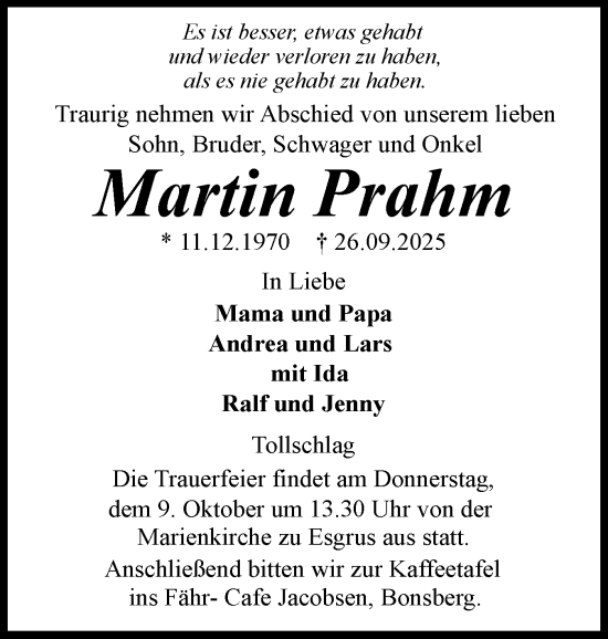 Traueranzeige von Martin Prahm von Flensburger Tageblatt