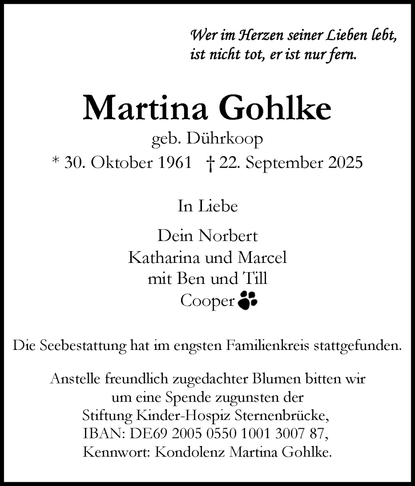  Traueranzeige für Martina Gohlke vom 01.11.2025 aus Wedel-Schulauer Tageblatt, tip Wedel-Schulauer Tageblatt, tip Rissener Rundschau