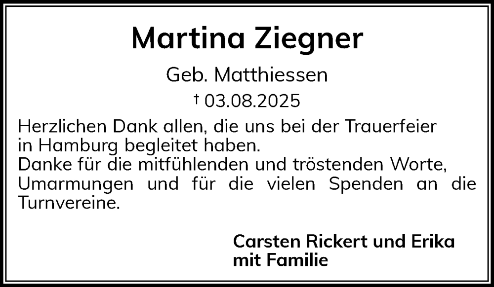  Traueranzeige für Martina Ziegner vom 01.11.2025 aus Region Flensburg