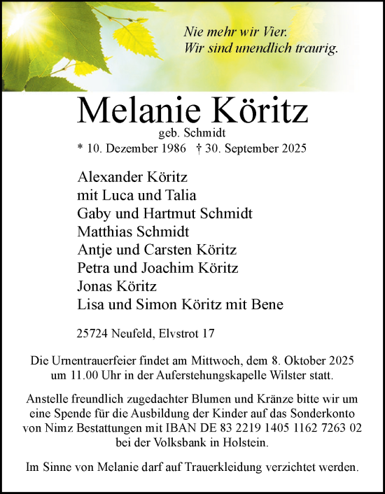 Traueranzeige von Melanie Köritz von Norddeutsche Rundschau, Wilstersche Zeitung, Glückstädter Fortuna
