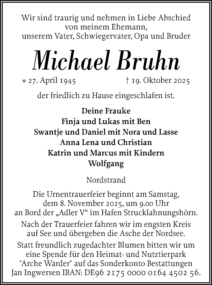  Traueranzeige für Michael Bruhn vom 24.10.2025 aus Husumer Nachrichten, Nordfriesland Tageblatt