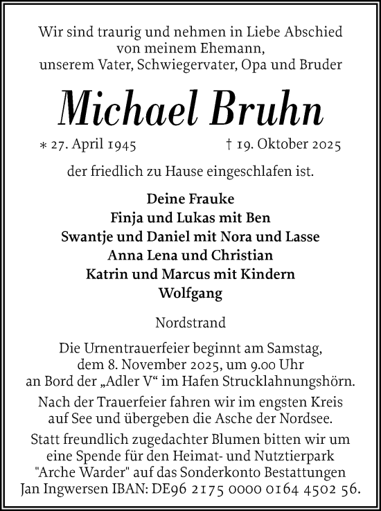 Traueranzeige von Michael Bruhn von Husumer Nachrichten, Nordfriesland Tageblatt