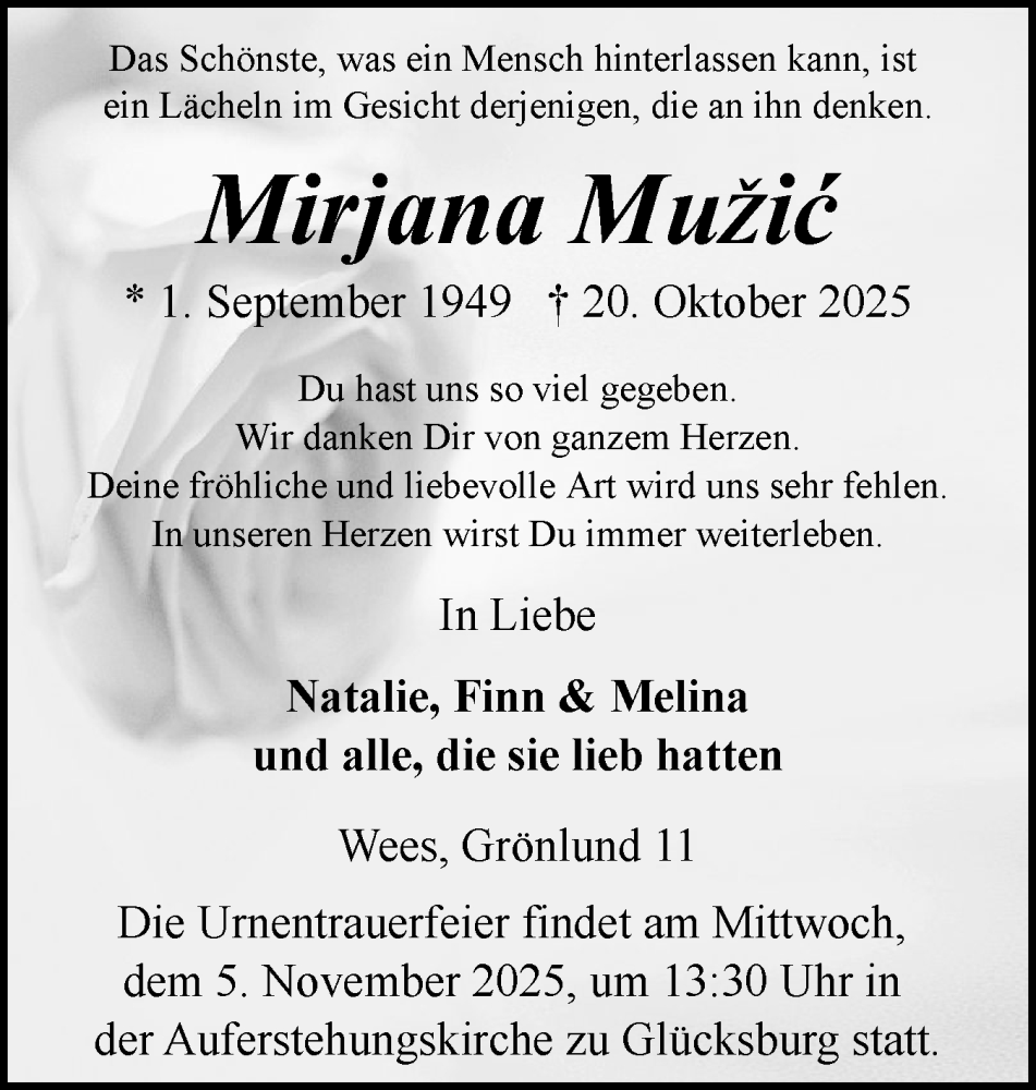  Traueranzeige für Mirjana Mužic vom 01.11.2025 aus Region Flensburg
