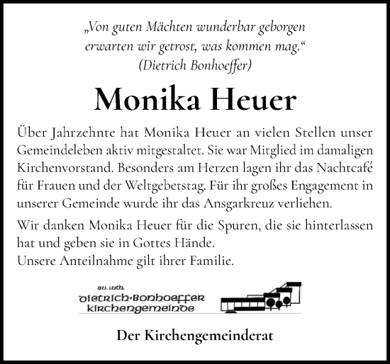 Traueranzeige von Monika Heuer von Holsteinischer Courier