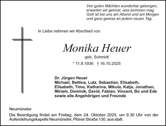 Traueranzeige von Monika Heuer von Holsteinischer Courier