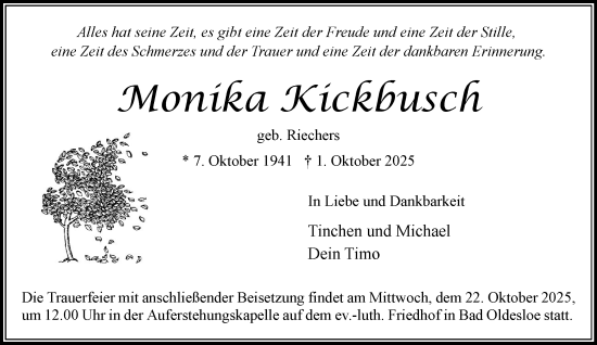 Traueranzeige von Monika Kickbusch von MARKT Bad Oldesloe/Reinfeld, MARKT Ahrensburg/Bargteheide/Trittau und Stormarner Tageblatt