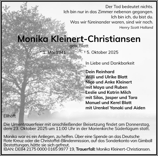 Traueranzeige von Monika Kleinert-Christiansen von Husumer Nachrichten, Nordfriesland Tageblatt