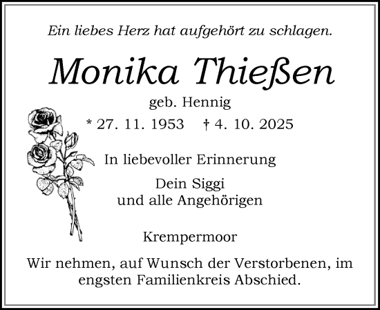 Traueranzeige von Monika Thießen von Norddeutsche Rundschau, Wilstersche Zeitung, Glückstädter Fortuna