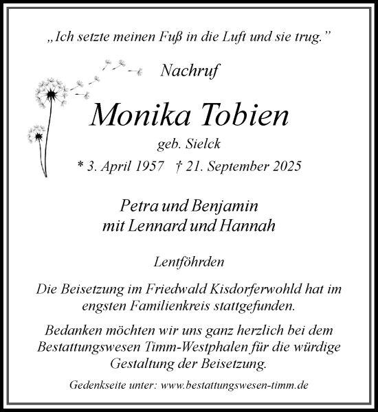 Traueranzeige von Monika Tobien von Umschau