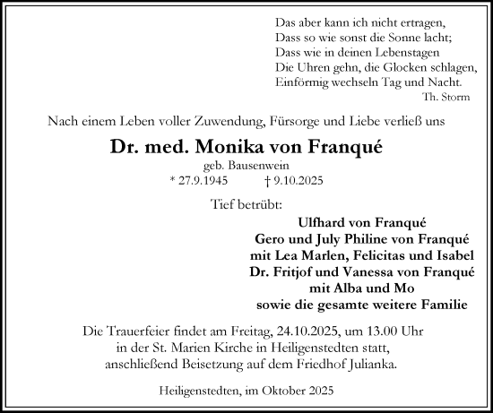 Traueranzeige von Monika von Franqué von Norddeutsche Rundschau, Wilstersche Zeitung, Glückstädter Fortuna
