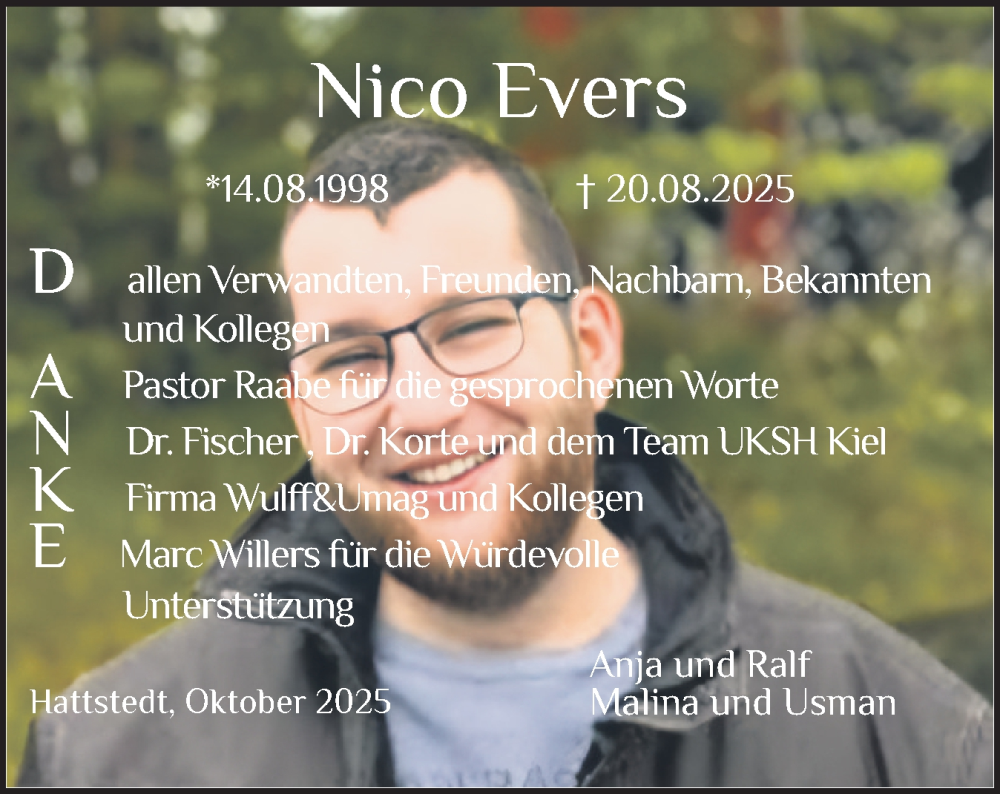  Traueranzeige für Nico Evers vom 18.10.2025 aus Husumer Nachrichten, Nordfriesland Tageblatt