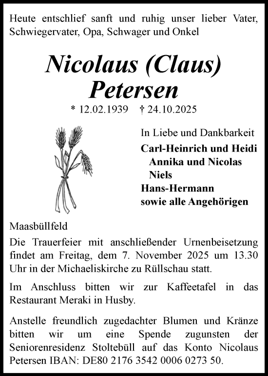 Traueranzeige von Nicolaus Petersen von Flensburger Tageblatt