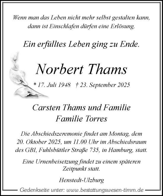 Traueranzeige von Norbert Thams von Umschau
