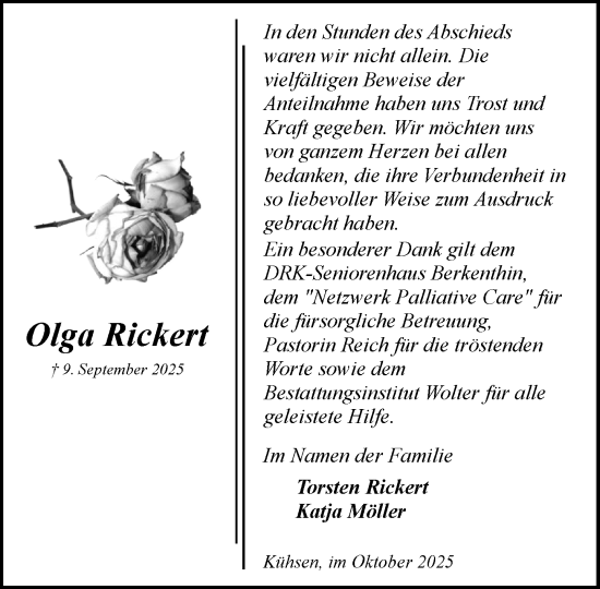 Traueranzeige von Olga Rickert von MARKT Ratzeburg/Mölln