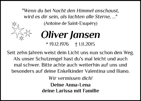 Traueranzeige von Oliver Jansen von Schleswig-Holsteinische Landeszeitung