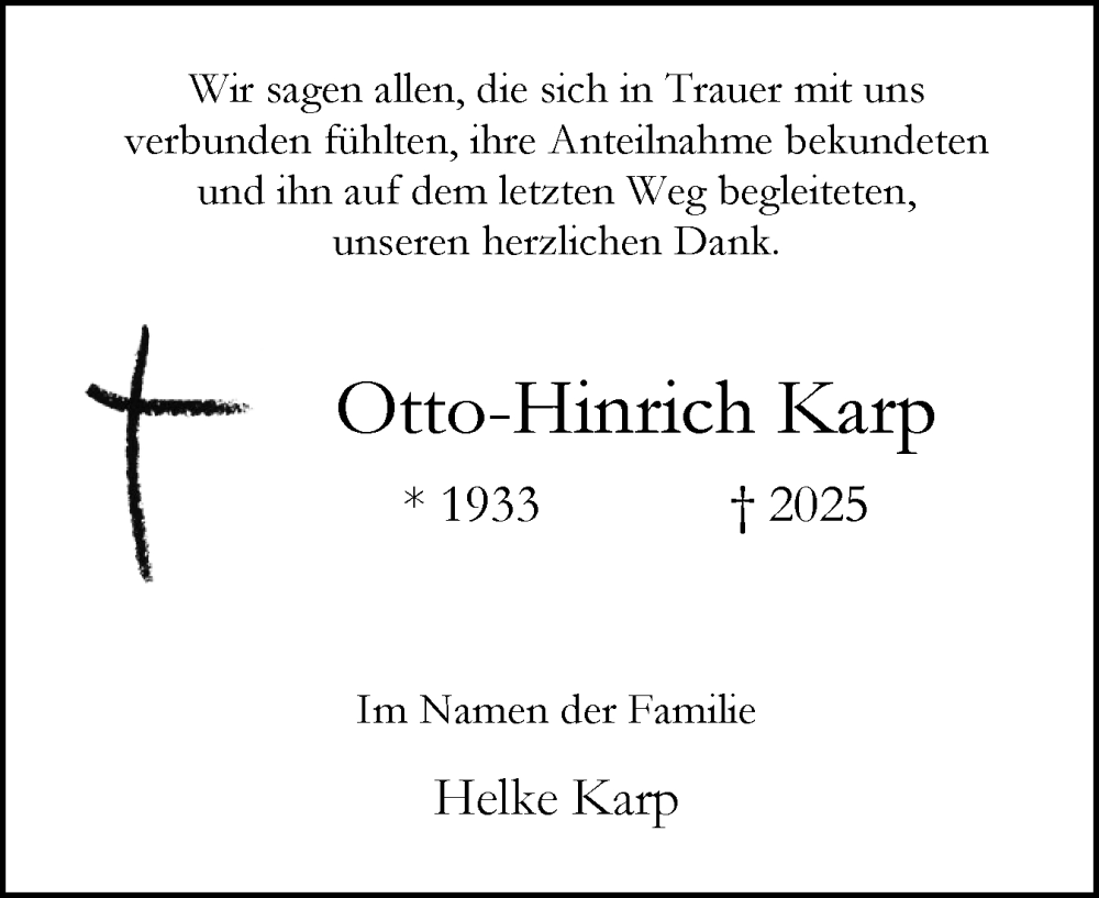 Traueranzeige für Otto-Hinrich Karp vom 25.10.2025 aus Uetersener Nachrichten, Der tip am Wochenende