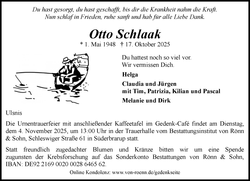  Traueranzeige für Otto Schlaak vom 25.10.2025 aus Schleswiger Nachrichten, Schlei-Bote
