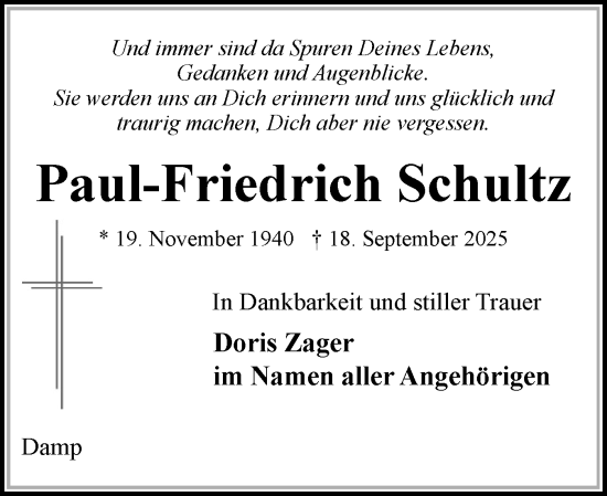 Traueranzeige von Paul-Friedrich Schultz von Eckernförder Zeitung, Hallo Eckernförde