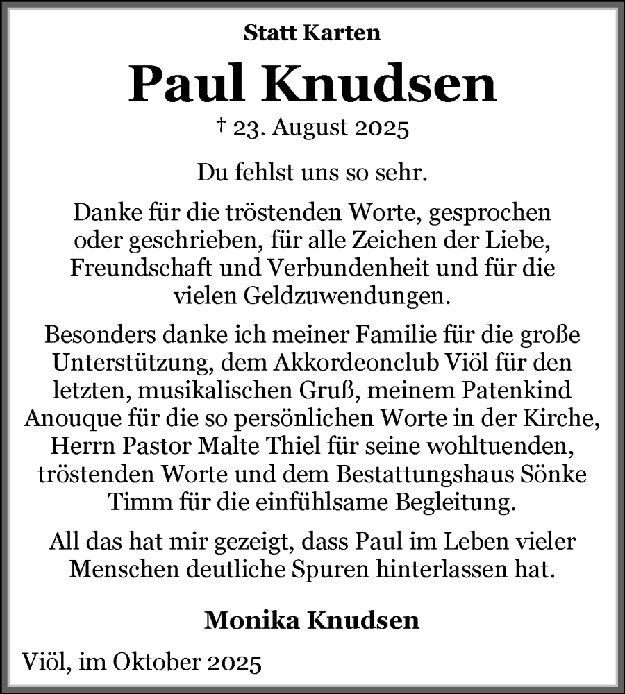  Traueranzeige für Paul Knudsen vom 04.10.2025 aus Husumer Nachrichten, Nordfriesland Tageblatt